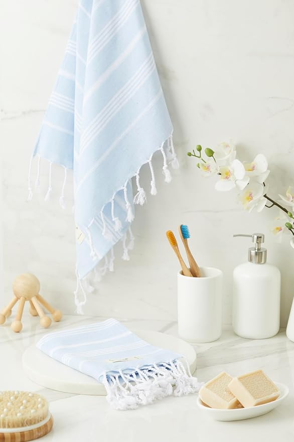 Hand Towels - Set of 2, 18" x 30" inches, Cotton, Decorative Peshtemal Cotton Hand Towels for Kitchen, Bath, Guest, Face, Hair, Gym, Yoga, Dishcloth, Travel (Baby Blue)