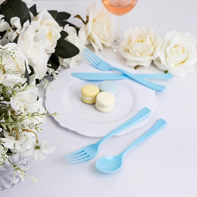 WDF 160 Piece Blue Plastic Silverware - Heavy Duty Blue Silverware Includes 80 Forks, 40 Spoons, 40 Knives, Disposable Plastic Utensils Perfect for Wedding, Graduation, Party