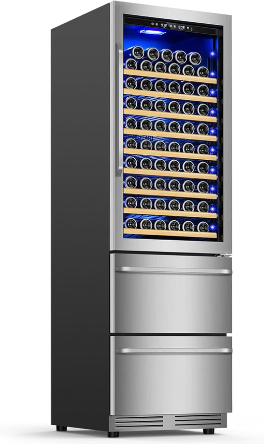 24 Inch Wide Wine and Beverage Refrigerator With Dual Drawer, 2 IN 1 Dual Zone Wine Cooler, Built-In or Freestanding Beverage Fridge, for Home Bar Kitchen, Hold Up To 107 Bottles and 149Cans