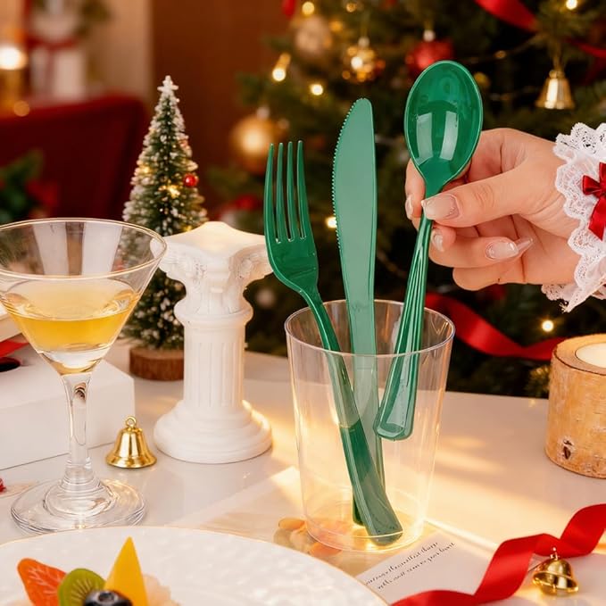 WDF 160 Pcs Green Plastic Silverware - Heavy Duty Christmas Silverware Includes 80Forks, 40Spoons, 40Knives, Green Plastic Utensils Perfect for Christmas Party or Daily Using
