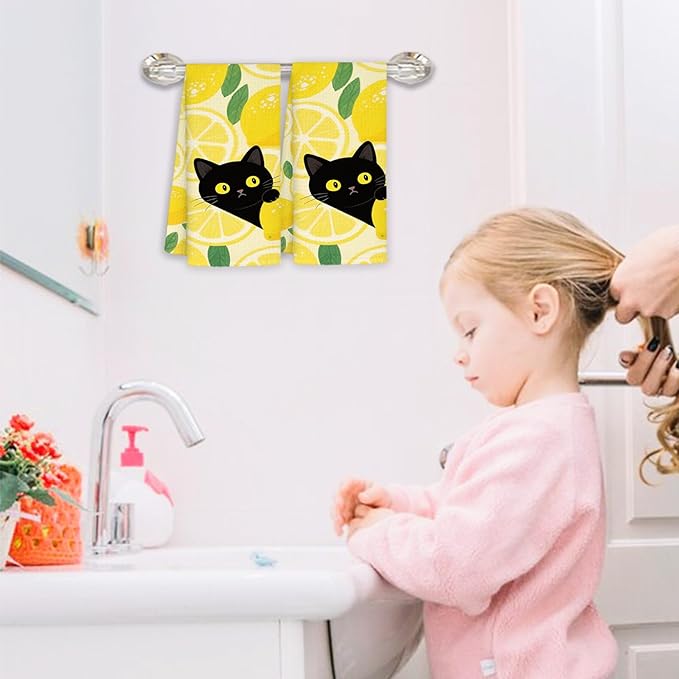Yellow Lemon Black Cat Gifts Kitchen Dish Towels Set of 2, Farmhouse Summer Fruit Decorative Hand Towels for Bathroom, Cat Lovers Mom Gifts Dish Tea Towel for Kitchen Bathroom, 16x24 Inch