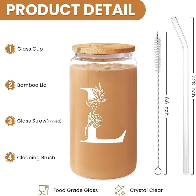 SANDJEST Monogrammed Gifts for Women - Monogram L Initial Glass Cup 16 Oz Can Coffee Cups with Lid and Straw - Monogram Initials Gifts for Womens on Birthday