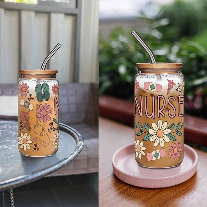 Funny Nurse Glass Cup Gifts for Birthday Graduation, Nurse Practitioner Gifts, Unique Boho Floral Glass Cup Gift 16oz
