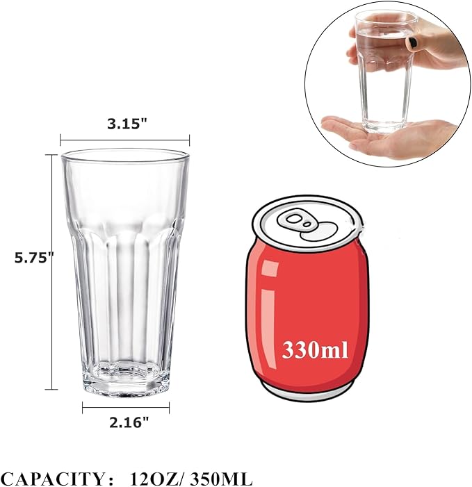 Yopay Set of 8 Highball Drinking Glasses, 12oz Lead-Free Tempered Water Glasses Thick Heavy Base, Clear Iced Hot Tea Glassware for Cocktail, Juice, Milkshake, Soda Beer Tumbler Cup
