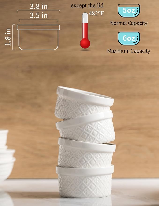 Ramekins 6 oz with Lids Oven Safe, Small Creme Brulee Ramekins with Covers, Ceramic Ramekin Set of 4, Mini Prep Pinch Bowls - Dishwasher and Oven Safe, White