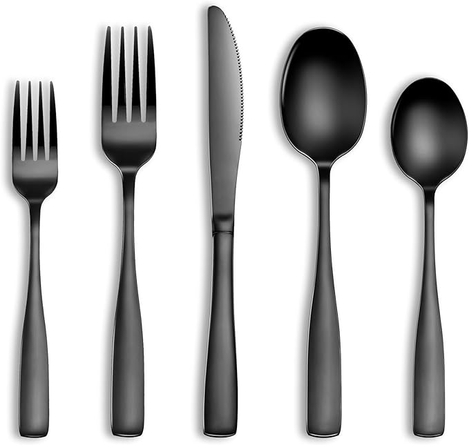 20 Pcs Black Silverware Set, Food-Grade Stainless Steel Flatware Set for 4, Square Cutlery Set, Mirror Polished Tableware Eating Utensils Set for Kitchen, Include Knife Fork Spoon Set,Dishwasher Safe