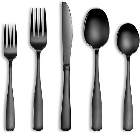 20 Pcs Black Silverware Set, Food-Grade Stainless Steel Flatware Set for 4, Square Cutlery Set, Mirror Polished Tableware Eating Utensils Set for Kitchen, Include Knife Fork Spoon Set,Dishwasher Safe