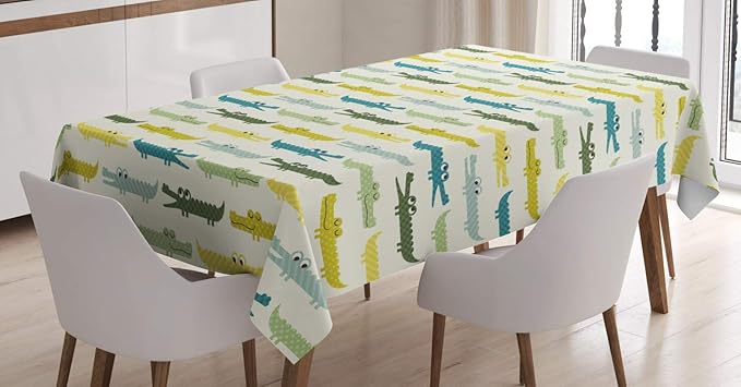 Ambesonne Animal Tablecloth, Colorful Cartoon Style Crocodiles Funny Cheerful Animals Graphic, Rectangular Table Cover for Dining Room Kitchen Decor, 60" X 90", Yellow Green