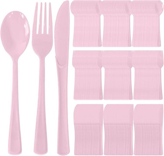 300 Pack Disposable Plastic Silverware, Heavy Duty Pink Plastic Cutlery Set Includes 100 Forks 100 Knives 100 Spoons for Birthday Wedding Party Picnics (300, Pink)