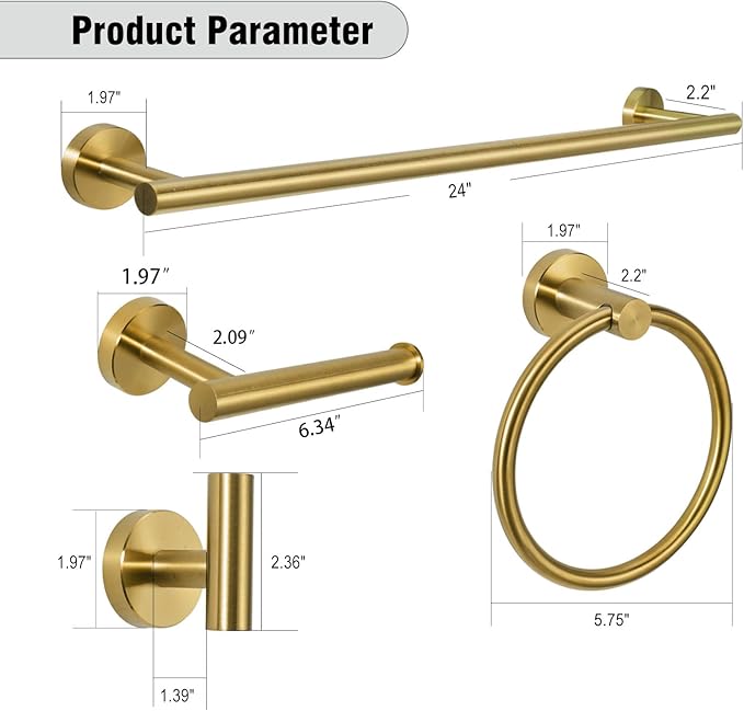 5-Piece Towel Racks for Bathroom, Stainless Steel Bathroom Accessories Set, Bathroom Towel Holder Wall Mounted, Sturdy Bath Towel Bar Set Bathroom Hardware Set (Brushed Gold)