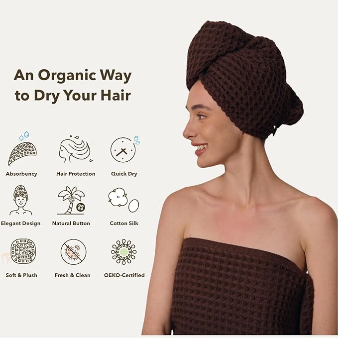 100% Organic Cotton Hair Drying Waffle Towel Wrap for Women | Absorbent & Quick Dry Head Turban for Wet Hair in Shower Sauna Spa, Extra Large for Long Straight Curly Plopping Button (Brown, 1 PACK)