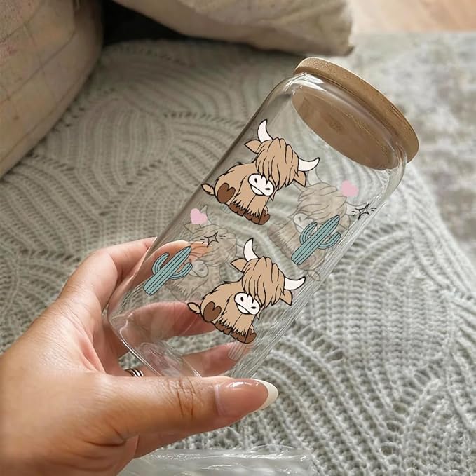 6PCS Highland Cow Cup Gifts for Women, Cute Cows Themed Stuff 16 oz Glass Cups with Lids and Straws, Highland Cow Christmas Birthday Gifts for Coffee Lovers, Women, Cowgirls, Girls, Mom-4