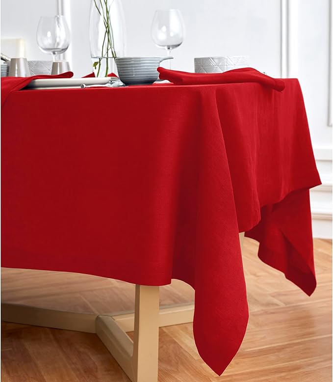 Solino Home Red Linen Tablecloth 70 x 132 Inch - 100% Pure Linen Table Cloth for Rectangle Tables - Sonoma, Machine Washable Tablecloth for Valentines, Holiday, Winter, New Year
