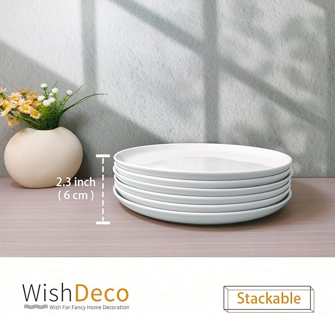 White Dinner Plates Set of 6, Porcelain Salad Plates 9 Inch, Modern Kitchen Plate, Round Serving Dishes, Microwave and Dishwasher Safe, Scratch Resistant, Smooth Glaze