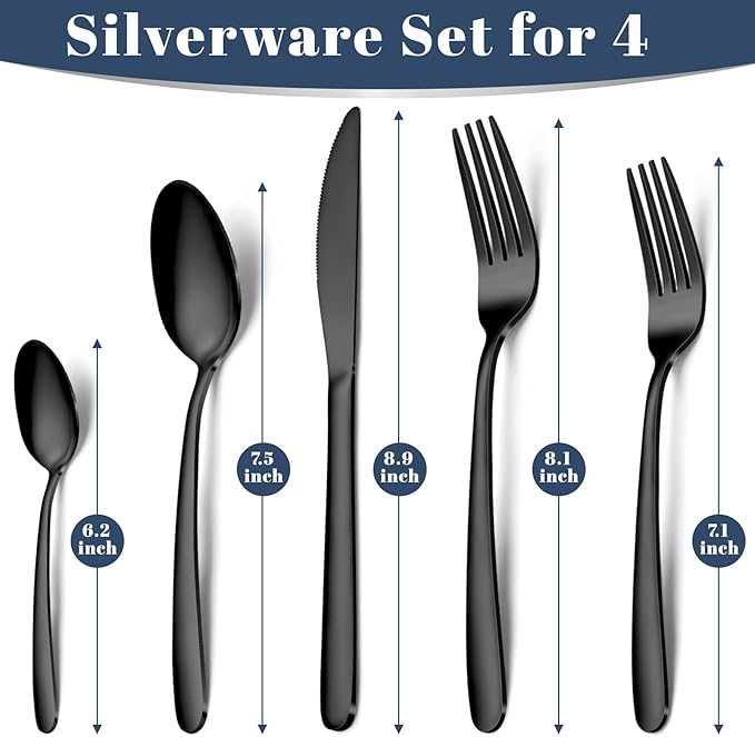 Black Silverware Set - 20PCS Stainless Steel Silverware Set for 4, Includes Forks Spoons and Knives, Utensil Sets for Home Kitchen Restaurant, Dishwasher Safe