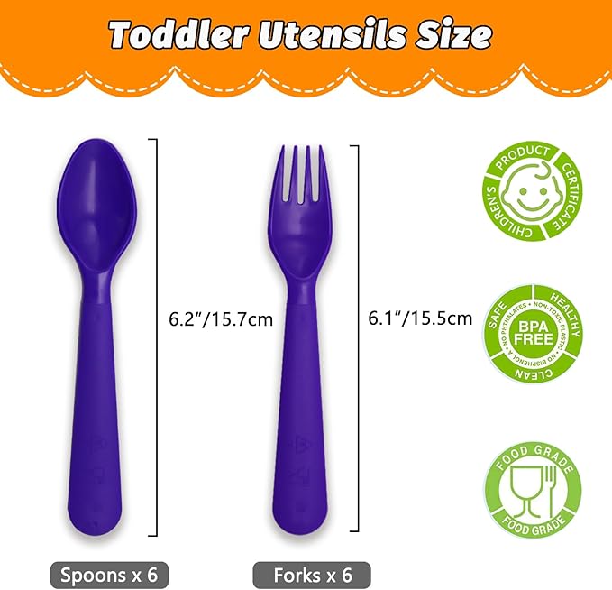 12 Pcs Kids Spoons and Forks Toddler Utensils Plastics Reusable Silverware Baby Cutlery Set Feeding Dinnerware Utensils BPA Free Microwave Dishwasher and Freezer Safe- Purple