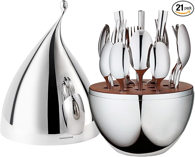 KINGSTONE Silverware Set with Waterdrop Storage Organizer, 20-Piece Forged Flatware Cutlery Set in Gift Box, Premium Stainless Stee Service for 4, Mirror Polished, Ideal for Kitchen, Wedding, Gift