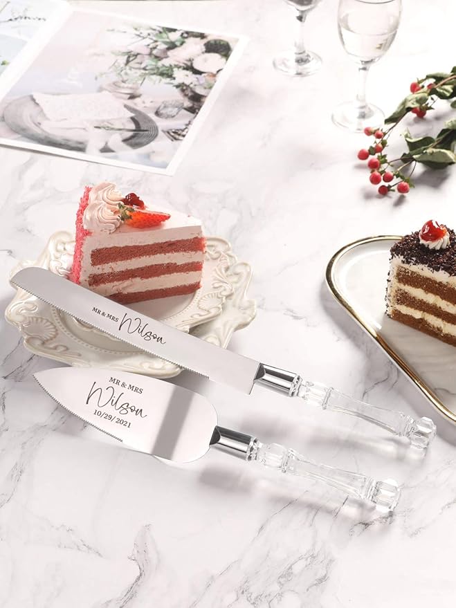 AW BRIDAL Personalized Wedding Cake Knife and Server Set, Silver Cake Cutting Set for Wedding Reception, Anniversary Party, Engagement//DK2201CPP06//