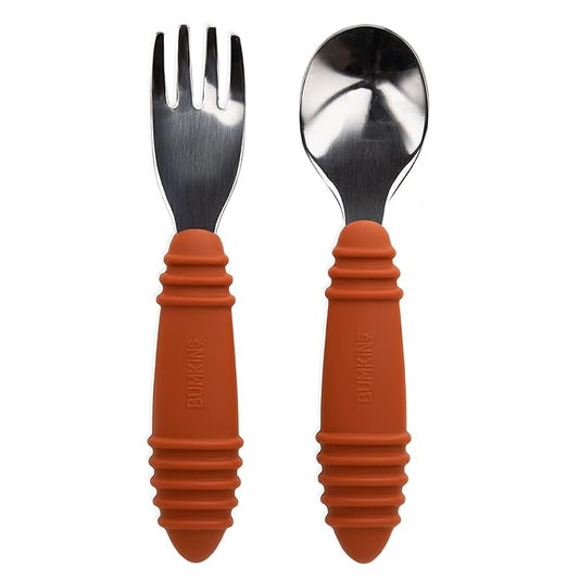 Bumkins Toddler Utensils, Kids Size Fork and Spoon Set, Silicone and Stainless-Steel Training Silverware, Angled Forks/Sporks for Self-Feeding, Children Hold Learning to Eat, 18 Months Up, Clay