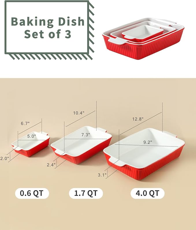 Hasense Casserole Dishes for Oven, Rectangular Baking Dishes Set of 3, Porcelain Lasagna Pans with Handles, Ceramic Baking Pans Set for Cooking, Christmas Party Birthday Gifts, Red(15"/12.2''/8.3'')