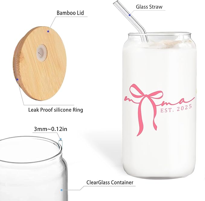 Mama Gifts Glass Cup with Lids and Straws 14oz, Best Mother's Day Birthday Gifts for Mama Mom from Daughters Sons Glass Iced Coffee Tumbler Drinking Jars with Cleaning Brush