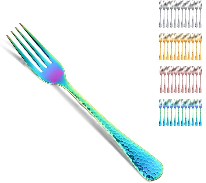 Buyer Star 12 Pieces Hammered Dinner Forks Set, 7.9 Inch Stainless Steel Forks,Table Forks,Flatware Forks, Mirror Finish & Dishwasher Safe,Use for Home,Kitchen or Restaurant (Rainbow)