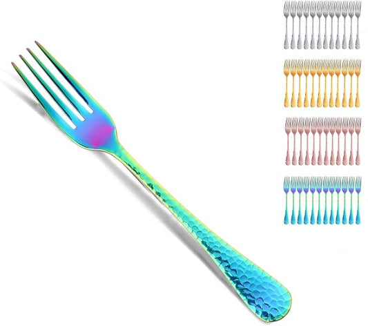 Buyer Star 12 Pieces Hammered Dinner Forks Set, 7.9 Inch Stainless Steel Forks,Table Forks,Flatware Forks, Mirror Finish & Dishwasher Safe,Use for Home,Kitchen or Restaurant (Rainbow)