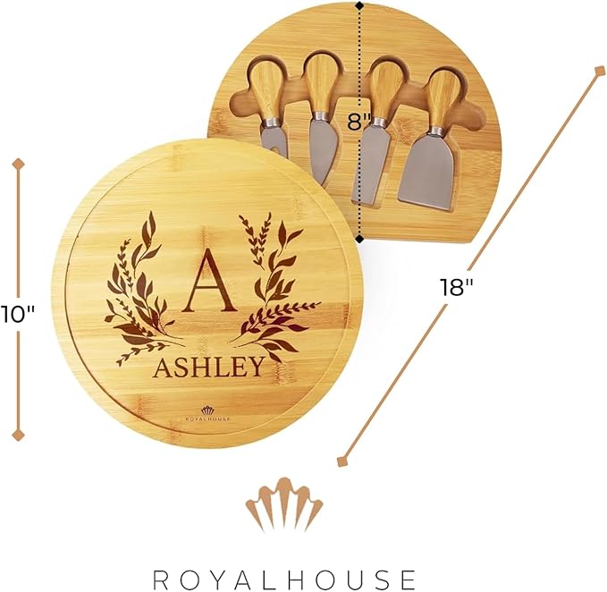 RoyalHouse Personalized Round Cheese Board, Custom Engraved Bamboo Charcuterie Board, Ideal for Weddings, Bridal Showers, and Special Occasions