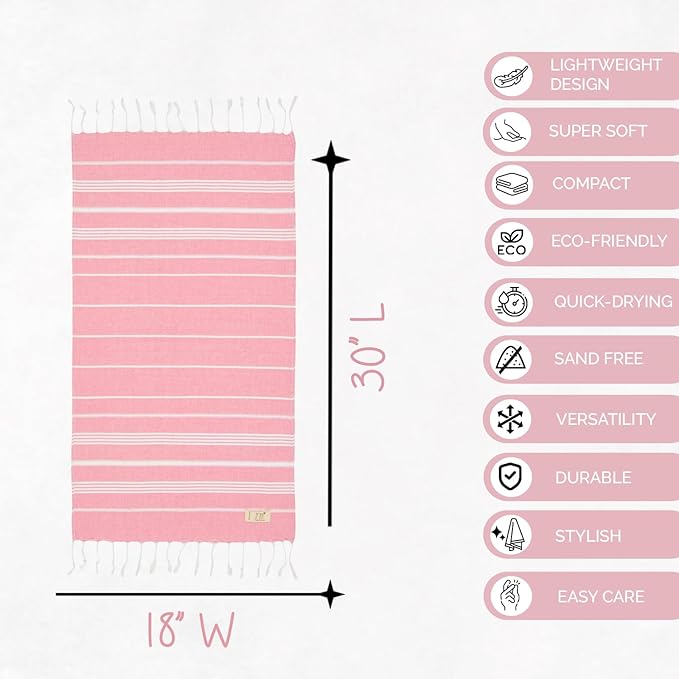 Turkish Hand Towels - Set of 2, 18" x 30" inches, Lightweight Cotton Towel Prewashed Hand Towels for Kitchen, Bath, Guest, Face, Hair, Gym, Yoga, Dishcloth, Travel (Pink)