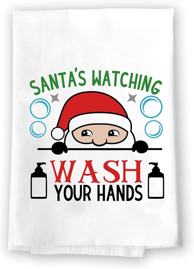 Santa's Watching Hand Towel - Funny Christmas Bathroom Decor - Wash Your Hands Design - 16x24 Inches - 100% Polyester