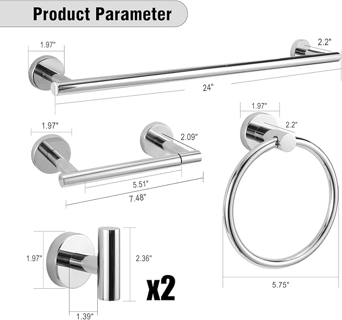 5-Piece Towel Racks for Bathroom, Stainless Steel Bathroom Accessories Set, Bathroom Towel Holder Wall Mounted, Sturdy Bath Towel Bar Set Bathroom Hardware Set (Chrome, 2 Pillar Paper Holder)