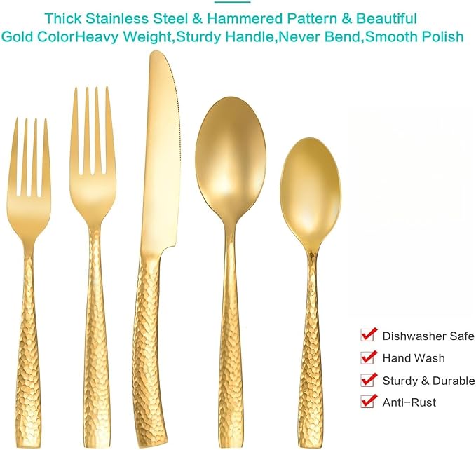 Silverware Set Gold Hammered Pattern Flatware Cutlery Stainless Steel Mirror Polished Utensil 20-Piece Spoons Forks and Knives Dishwasher Safe Service for 4