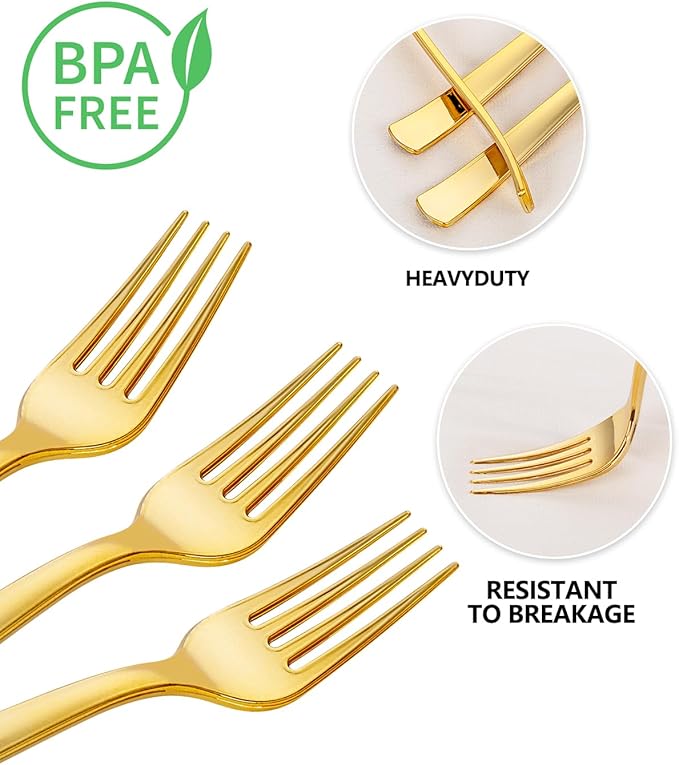 YOUBET 50PCS Gold Plastic Forks - Heavy Duty Plastic Forks - Solid Durable Gold Disposable Silverware for Party Picnic Wedding and Daily Use & Christmas