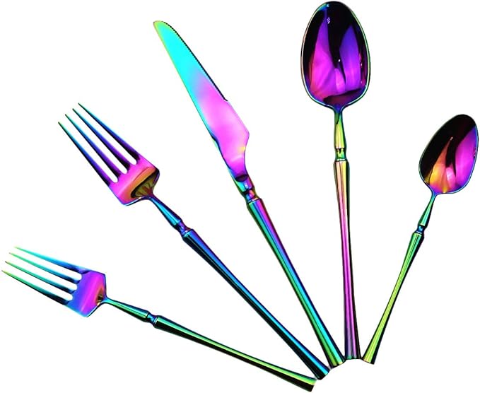 Gugrida Rainbow Silverware Set, 5-Piece 18/10 Stainless Steel Flatware Cutlery Set for 1,Mirror Finish, Ideal for Wedding Festival Party Home Kitchen, Dishwasher Safe