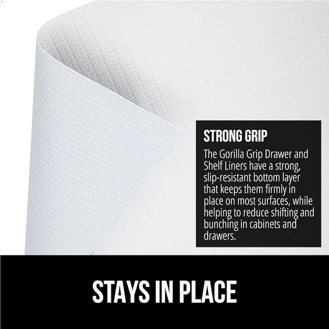 GORILLA GRIP DripGuard Shelf Liner, Non Adhesive Drawer and Kitchen Cabinet Protector, Slip Resistant BPA Free Smooth Surface Plastic Liners for Cabinets, Bathrooms, Closets, 12x120 Inch, White