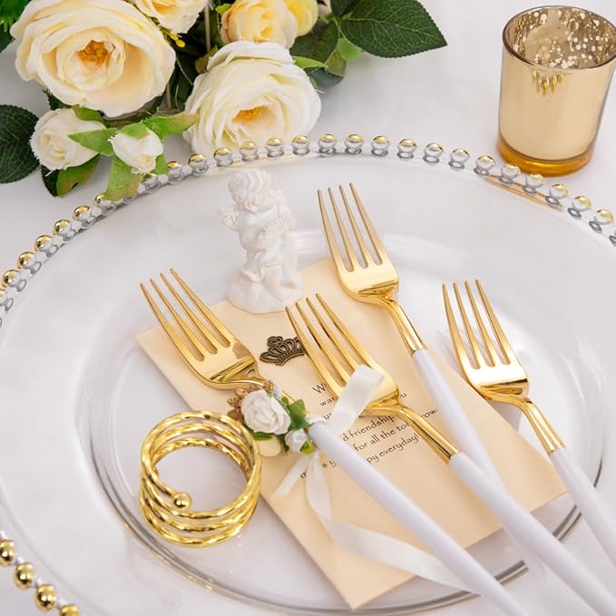 I00000 144 Plastic Forks, Disposable Flatware with White Handle, Look Like Gold Cutlery for Party Wedding