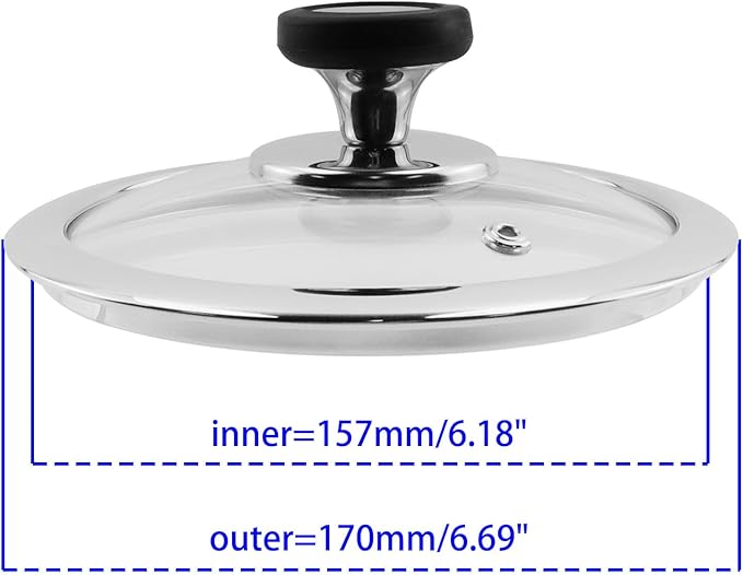 Woogim 6.5 Inch Universal Lid for Pans Tempered Glass Pot Lid with Steam Vent & Easy-to-grip Silicone Handle,Wide Edge for Secure Fit,Pan lids for Cast Iron Skillets,Frying Saute Pan,Cooking Pot