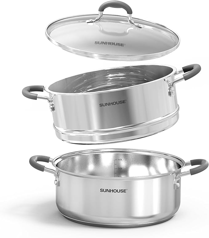SUNHOUSE - 4.6 Quart Steamer Pots With Lid 2-Tier Multipurpose Stainless Steel Steaming Pot Cookware With Handle For Vegetable, Dumpling, Sauce, Food - Triple Bottom, Measurement Line