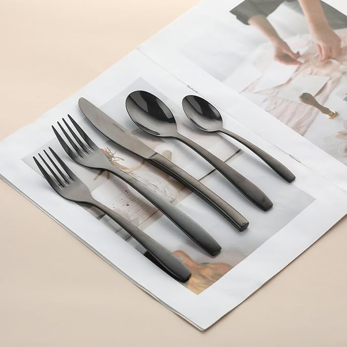 Black 20 Piece Silverware Set,Stainless Steel Flatware Set for 4,18/0 Rust-Proof Cutlery Set with Forks & Spoons,Mirror Polished Dishwasher Safe - Heavy Duty Tableware for Home & Dining