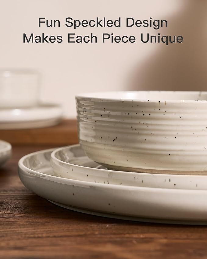 Plates and Bowls Sets for 6, Famiware Premium 18-Piece Stoneware Dinnerware Set, Spiral Flared Dish Set with Speckles & Reactive Glaze - Microwave & Dishwasher Safe Tableware, Shell Beige