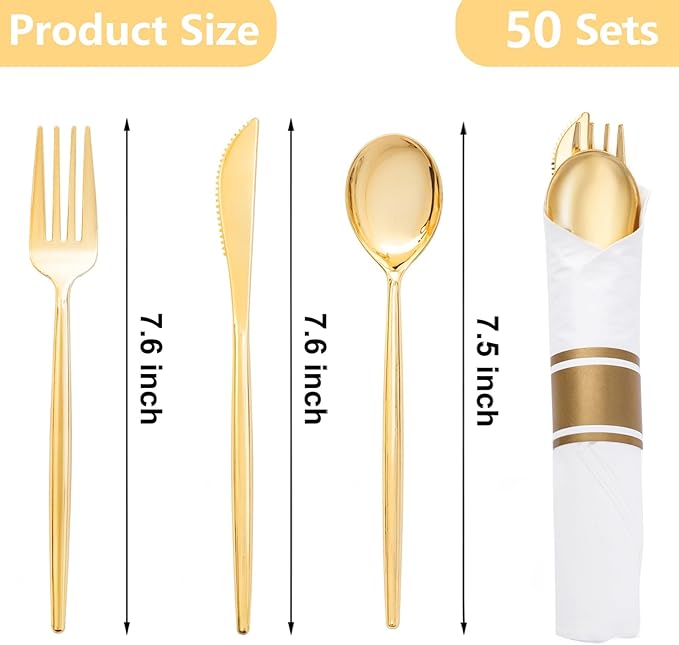 SUT 50 Pack Pre Rolled Silverware Set Disposable, 200pcs Gold Plastic Utensils Include 50 Forks, 50 Knives, 50 Spoons and 50 Napkins, Wrapped Plastic Cutlery Set With Napkin for Wedding