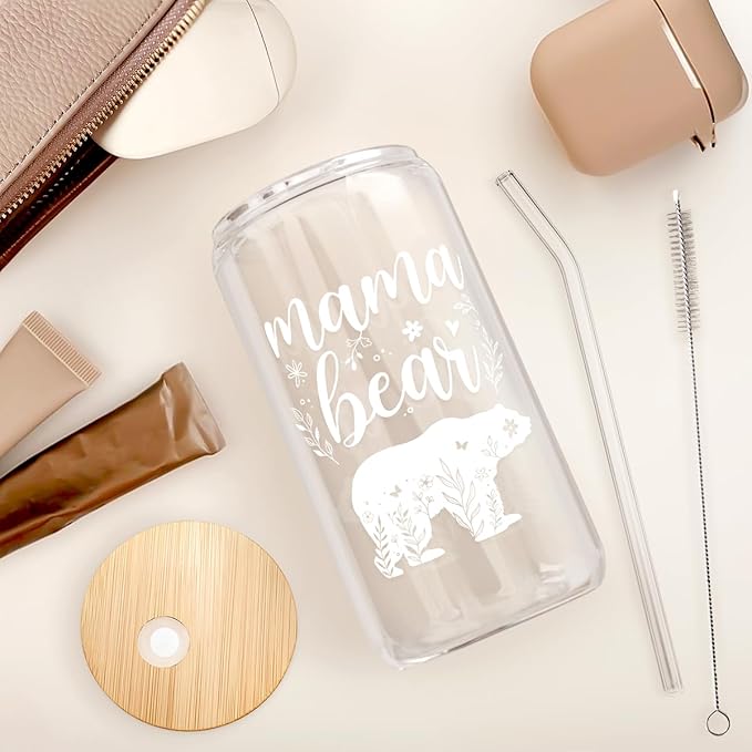 Mom Gifts - Mama Bear 16 Oz Can Glass Tumbler with Bamboo Lid and Straw - Iced Coffee Cups for Women, Aesthetic Glass Cup Gift for Birthday Christmas Mother's Day