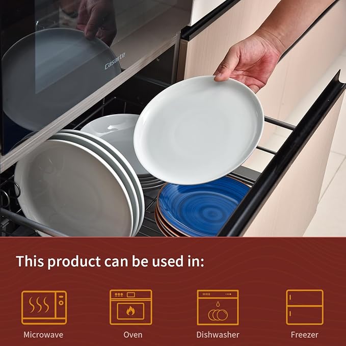 White Dinner Plates Set of 6, Porcelain Salad Plates 9 Inch, Modern Kitchen Plate, Round Serving Dishes, Microwave and Dishwasher Safe, Scratch Resistant, Smooth Glaze