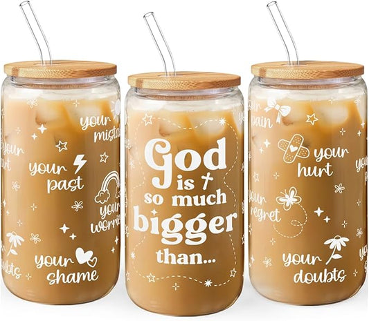 Christian Inspiration16oz Can Glass Tumbler with Bamboo Lid & Straw, Inspirarional Iced Coffee Cup for Women Girls, Religious Gift for Birthday Christmas