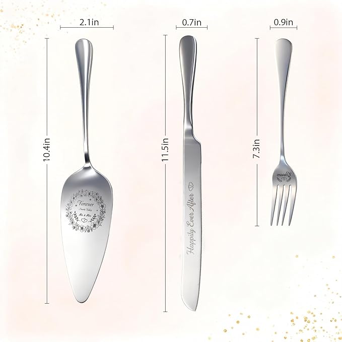 4 Piece Wedding Cake Cutting Set, Knife and Server with Forks, Elegant Wedding Cake Knife and Server Set for Bride and Groom(Silver)