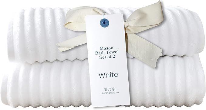 Blue Loom Ribbed Bath Towels Set, 100% Cotton 600 GSM, Soft Absorbent Durable Quick Drying 2 Bath Towels for Bathroom - Mason Set of 2 White (58" x 30" Inch)