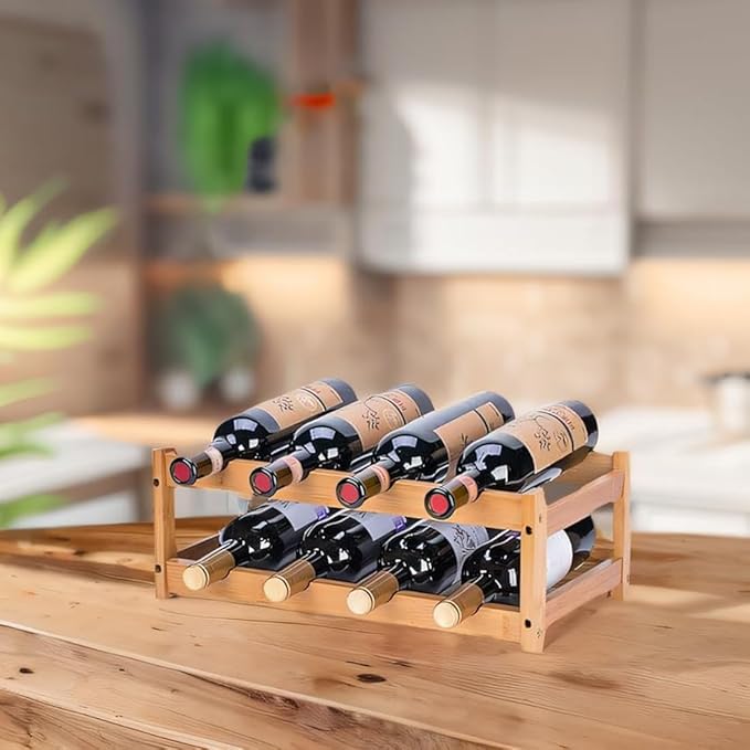 Bamboo Wine Rack - 2-Tier Countertop Display Shelf for 8 Bottles