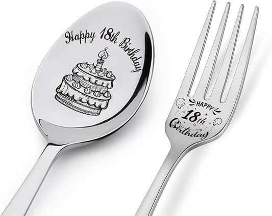 Happy 18th Birthday Spoon&Fork Gifts Engraved Spoon&Fork Personalized Birthday Gifts for Son Daughter Sister Brother Friends