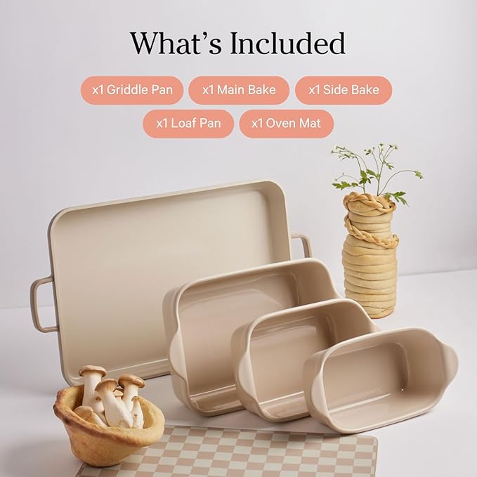Our Place Bakeware Set | 5-Piece Nonstick, Toxin-Free, Ceramic, Cast Aluminum Set with Oven Pan, Bakers, & Oven Mat | Space-Saving Nesting Design | Oven-Safe | Bake, Roast, Griddle and more | Sage