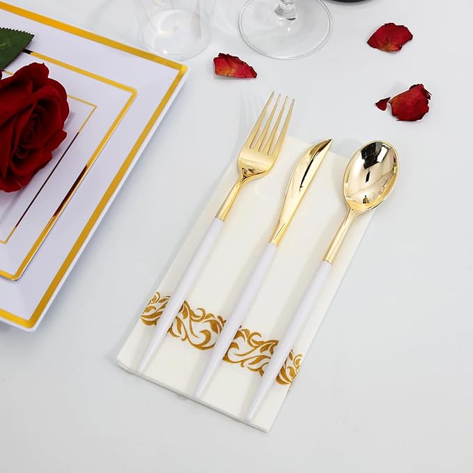 I00000 144 Plastic Forks, Disposable Flatware with White Handle, Look Like Gold Cutlery for Party Wedding
